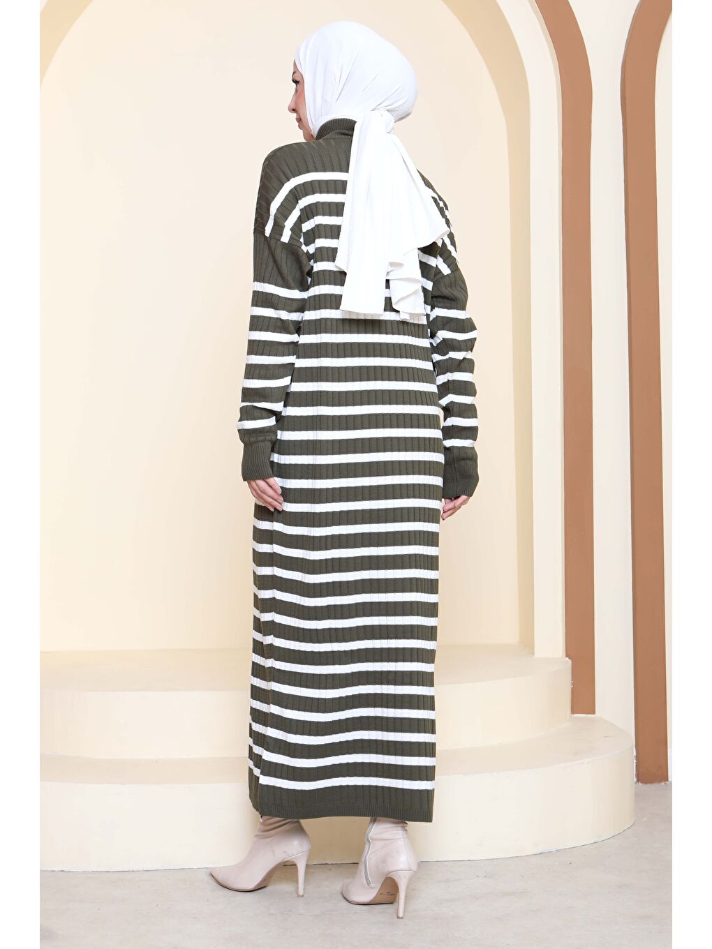 Fermuarlı Çizgili Triko Elbise Haki - 27931-HAKI-1
