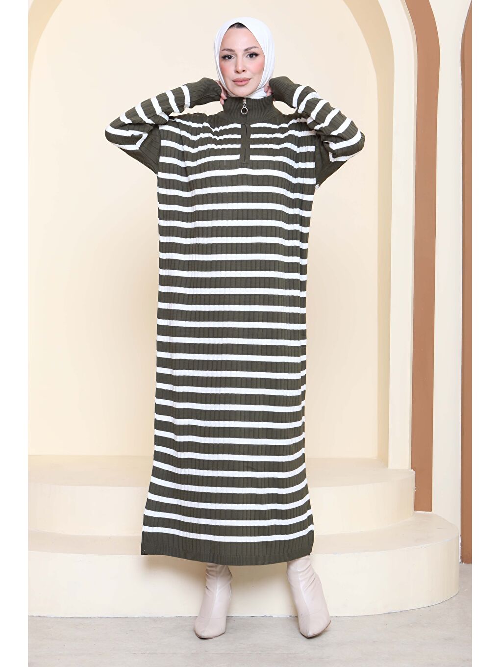 Fermuarlı Çizgili Triko Elbise Haki - 27931-HAKI-3