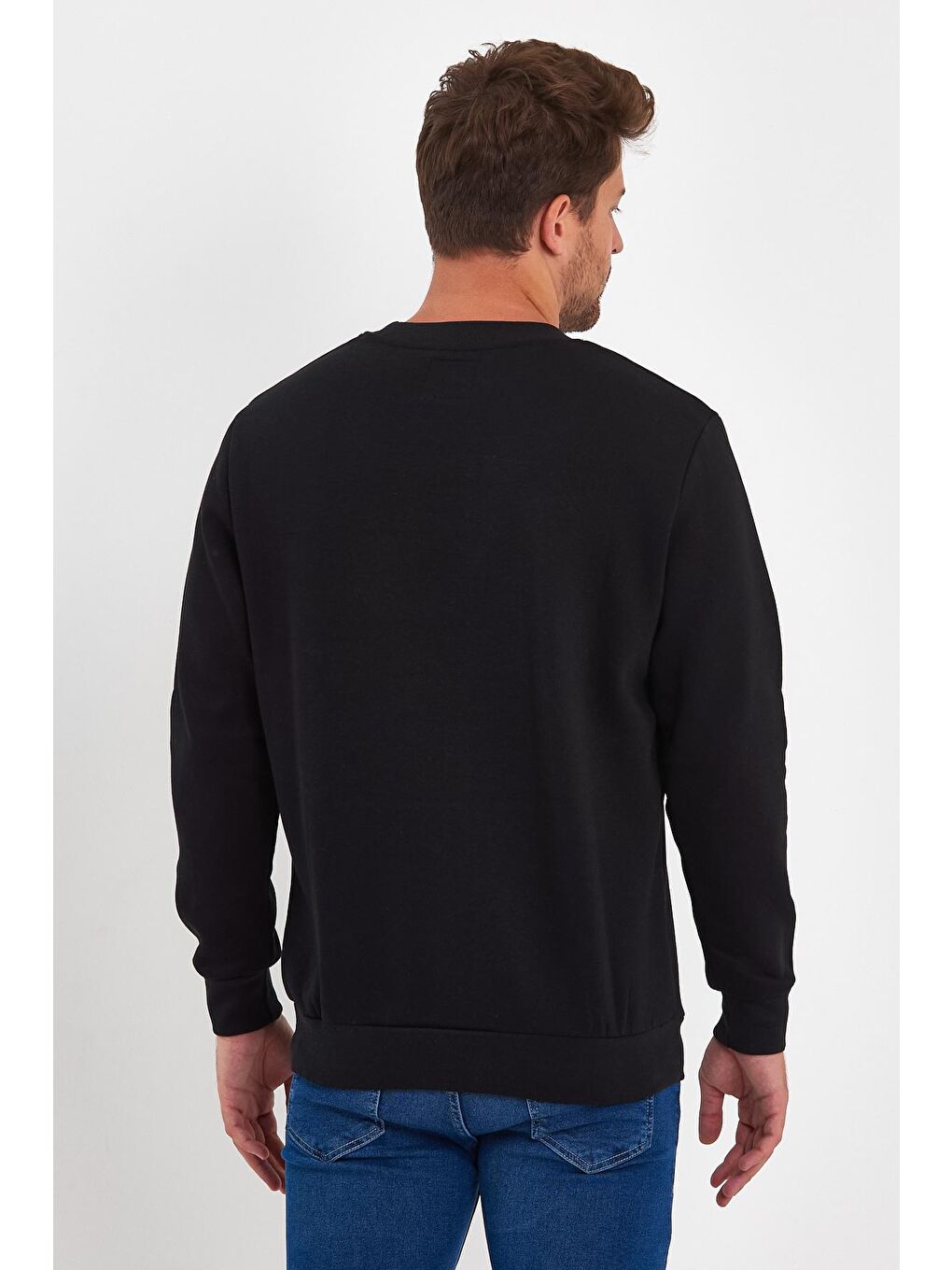 Siyah 3 İplik Şardonlu Bisiklet Yaka Erkek Sweatshirt-4