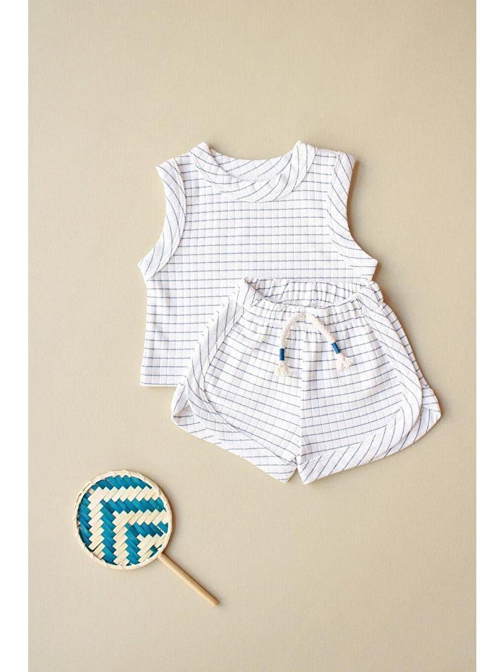 Ekru İndigo Çizgili Atlet Şort Takım-8