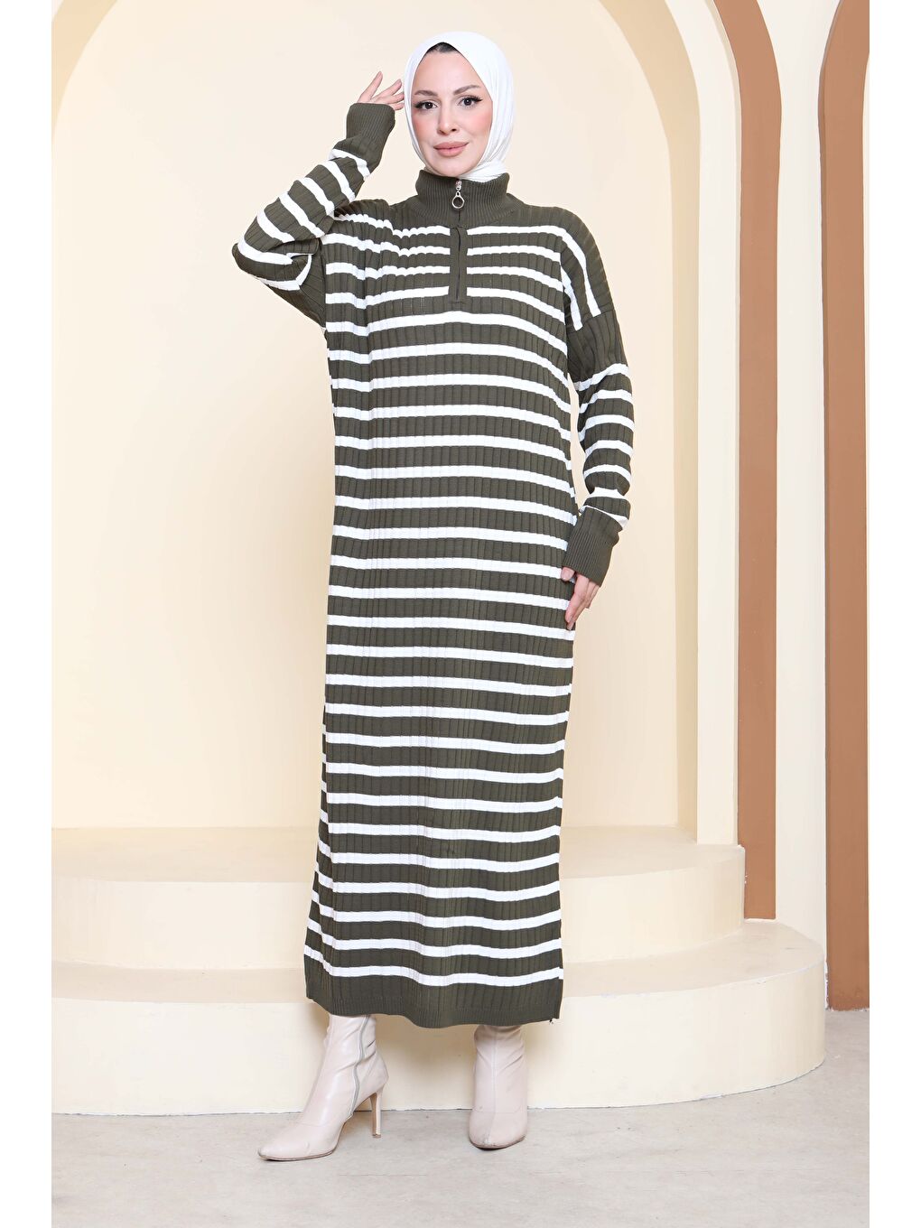 Fermuarlı Çizgili Triko Elbise Haki - 27931-HAKI-5