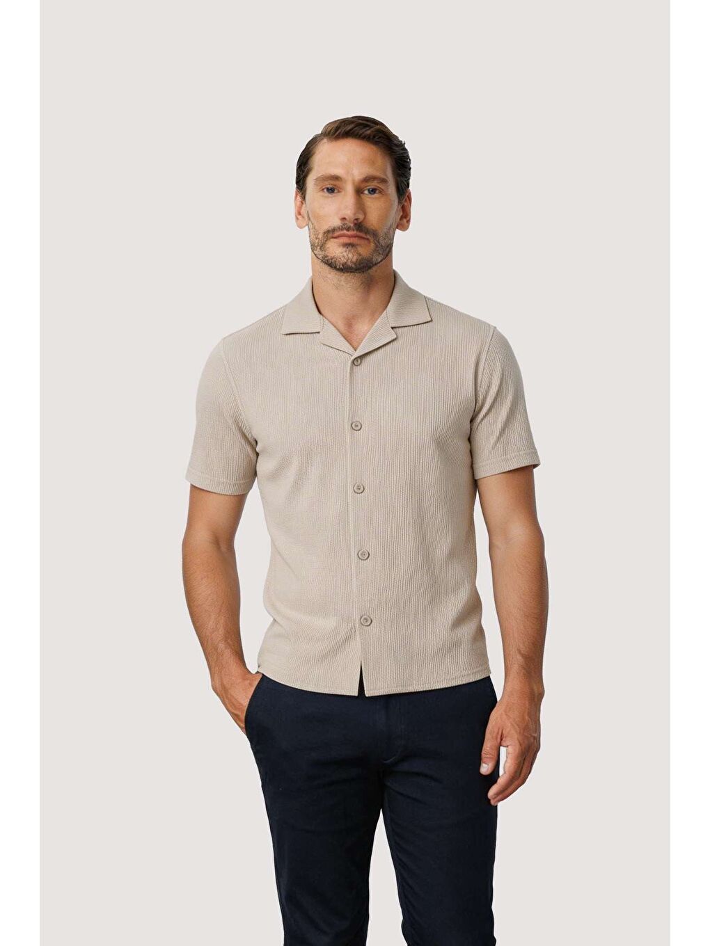 Gri Kısa Kollu Erkek Gömlek  Kamp Yaka Modern Yazlık Model