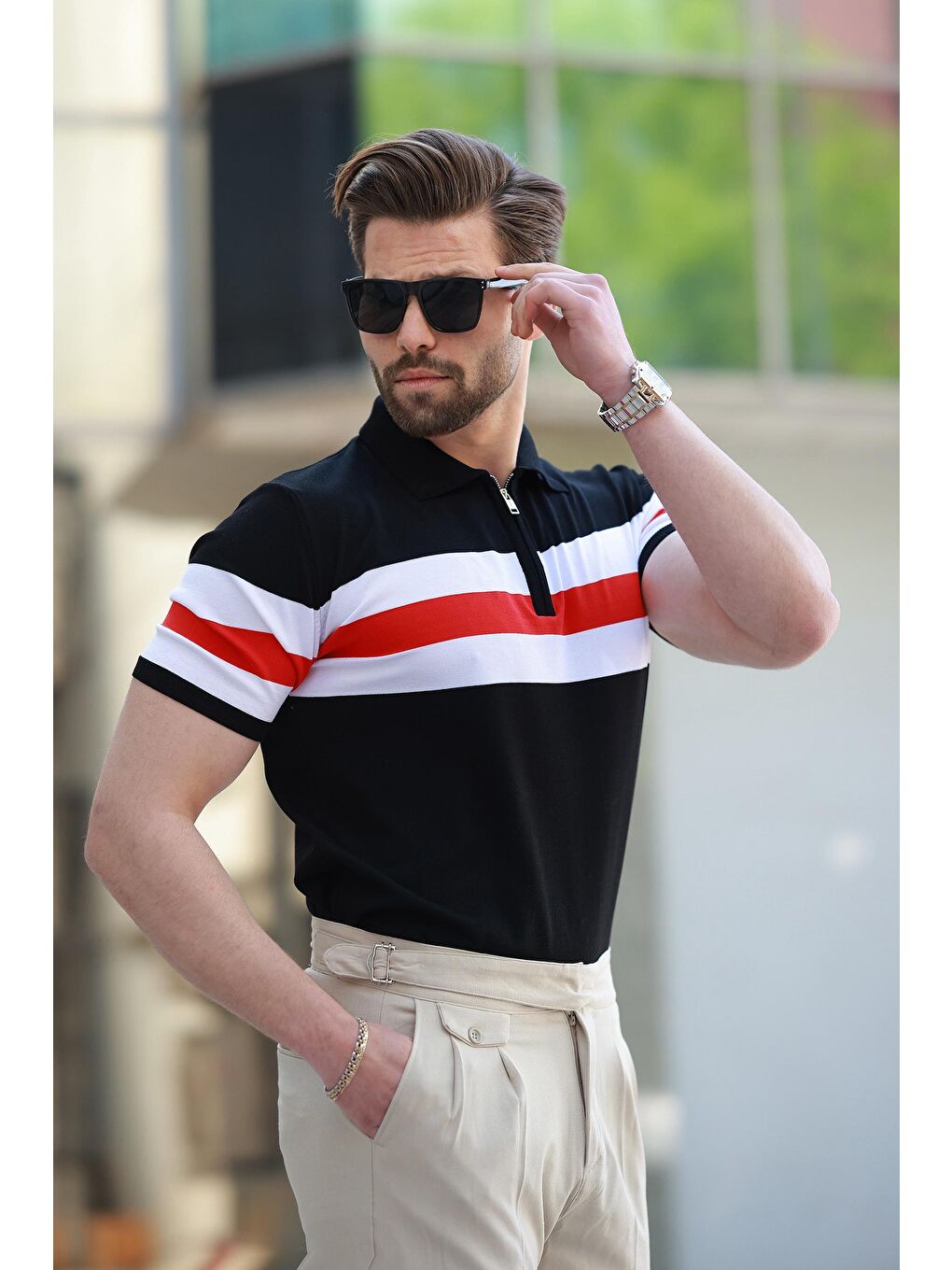 Siyah  Fermuarlı Polo Yaka Çizgili Erkek Tişört E7406-1