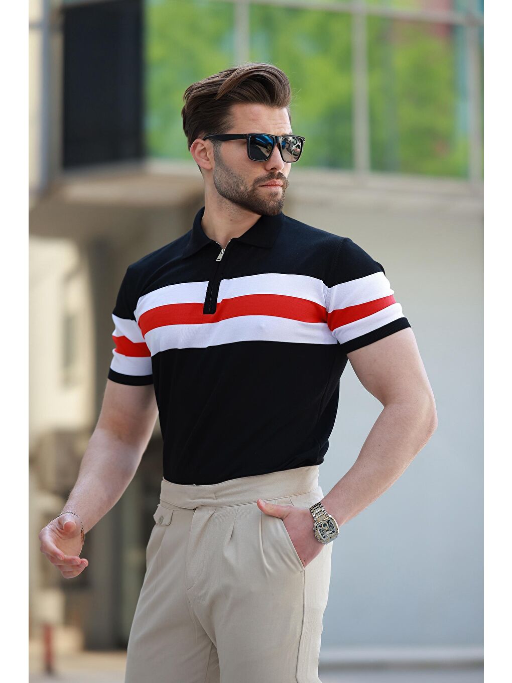 Siyah  Fermuarlı Polo Yaka Çizgili Erkek Tişört E7406-2