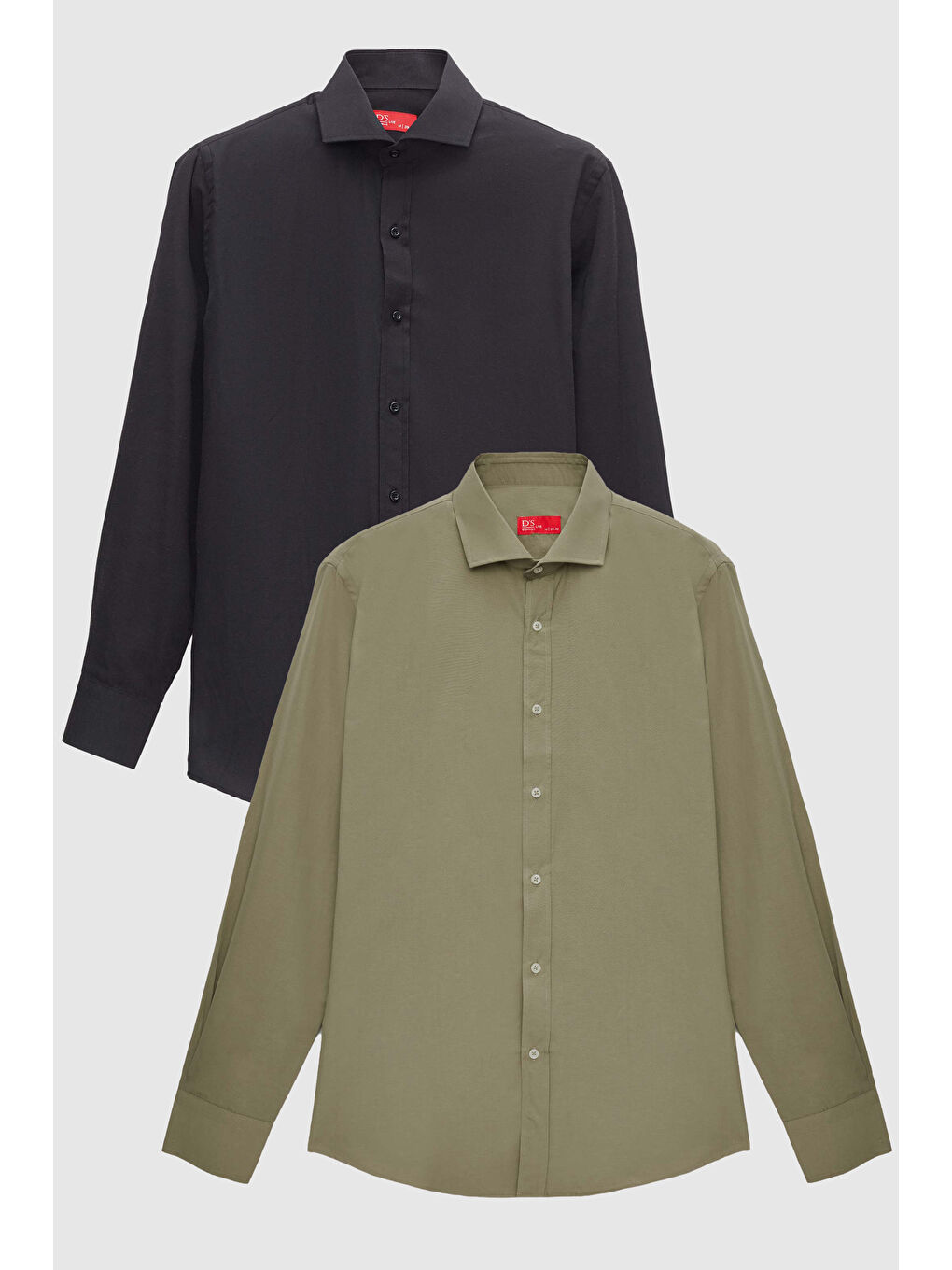 Slim Fit Siyah/Haki İtalyan Yaka Kolay Ütülenebilir 2'Li Gömlek