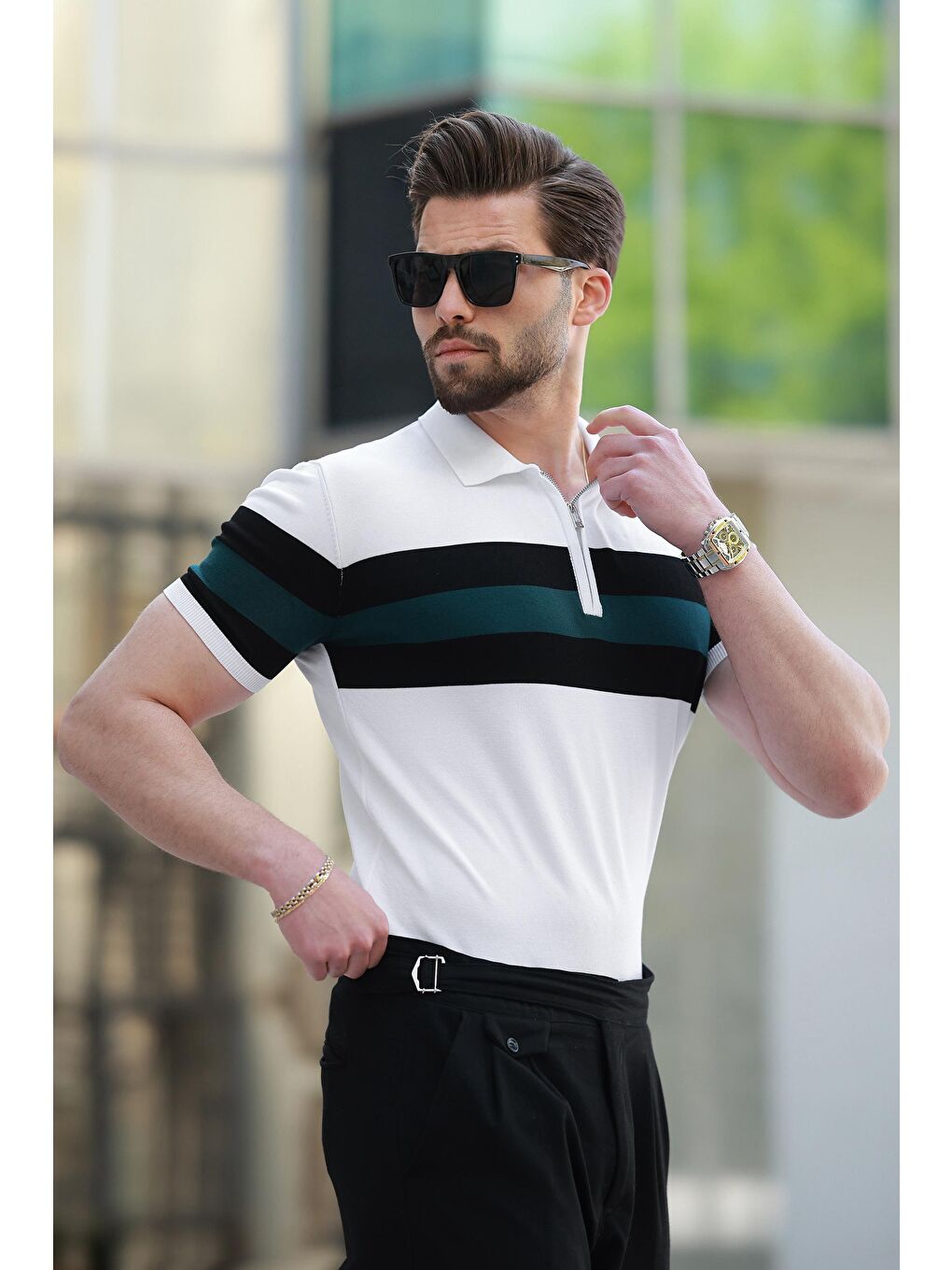 Beyaz Fermuarlı Polo Yaka Çizgili Erkek Tişört E7406