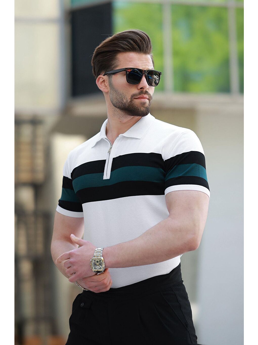 Beyaz Fermuarlı Polo Yaka Çizgili Erkek Tişört E7406-1