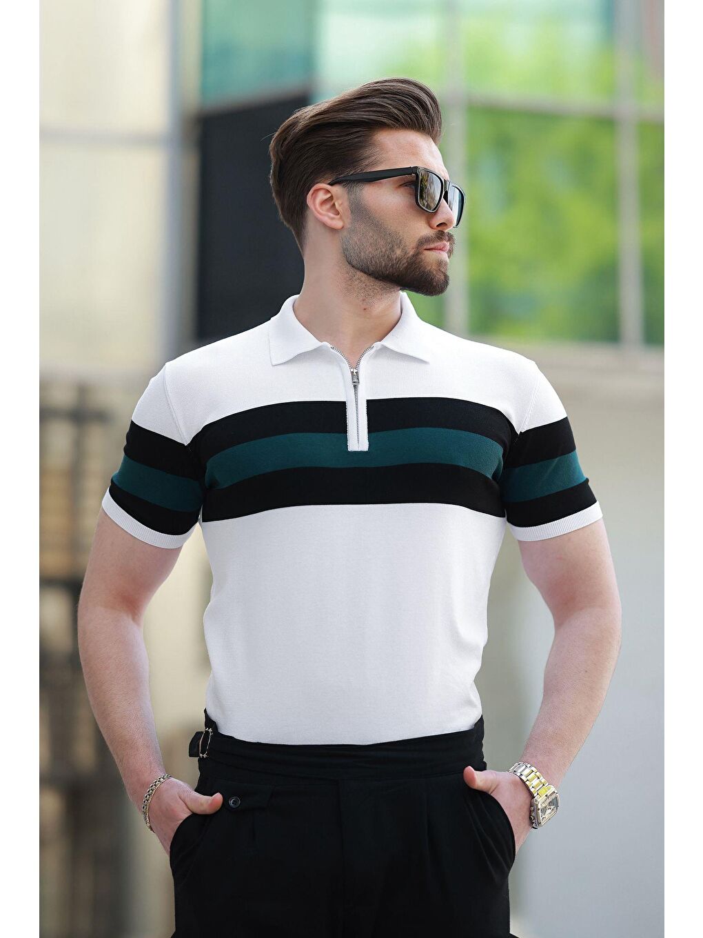 Beyaz Fermuarlı Polo Yaka Çizgili Erkek Tişört E7406-2