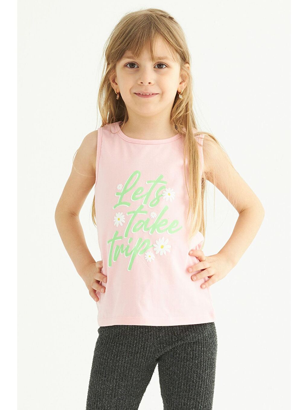 Bisiklet Yaka Sıfır Kol Baskılı Pembe Renk Kız Çocuk Tshirt