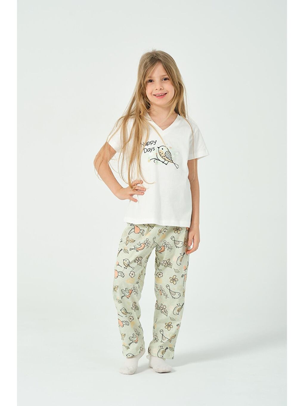 Ekru Kız Çocuk Kuş Desenli Kısa Kollu Pijama Takımı-1