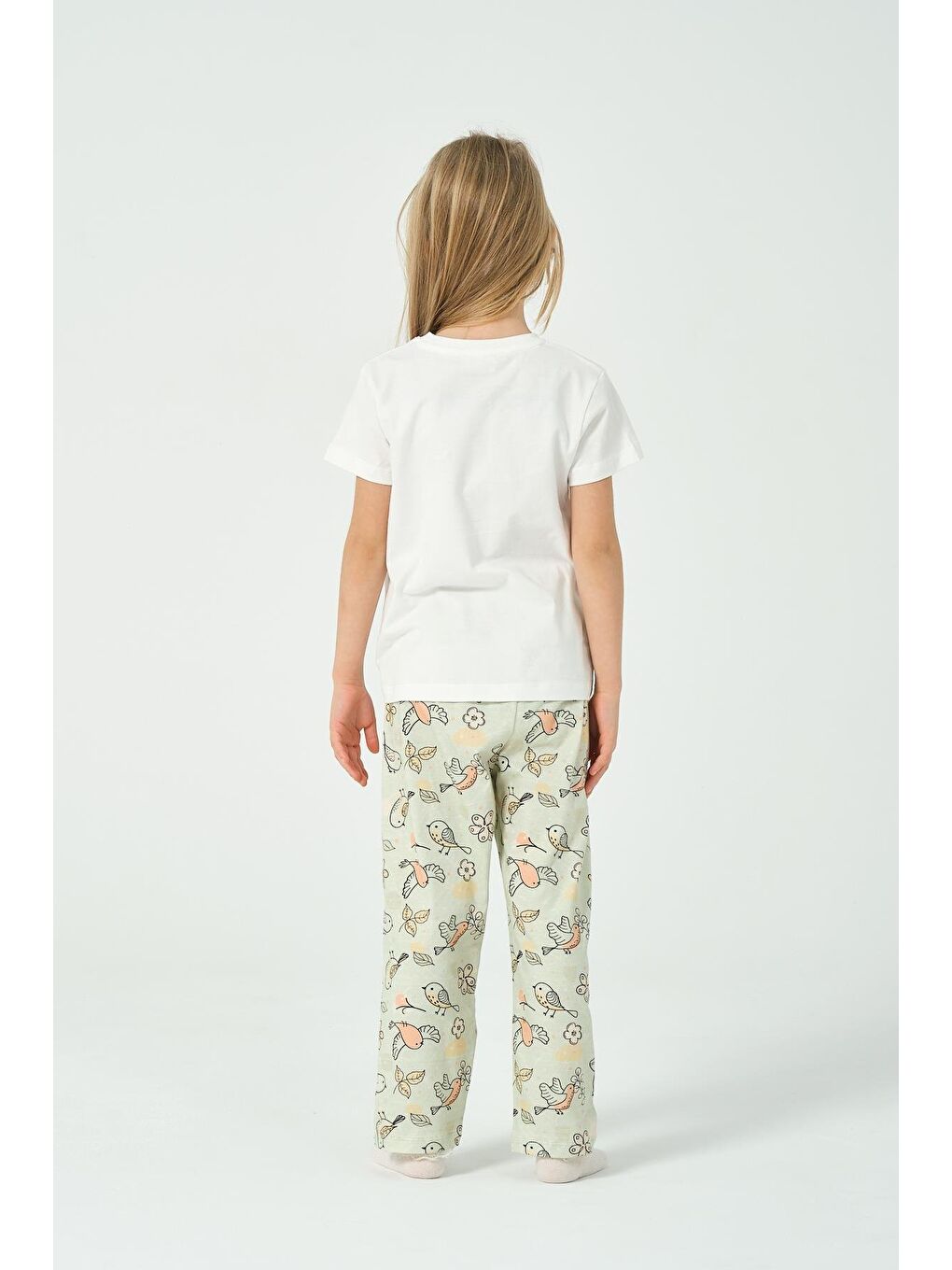 Ekru Kız Çocuk Kuş Desenli Kısa Kollu Pijama Takımı-2