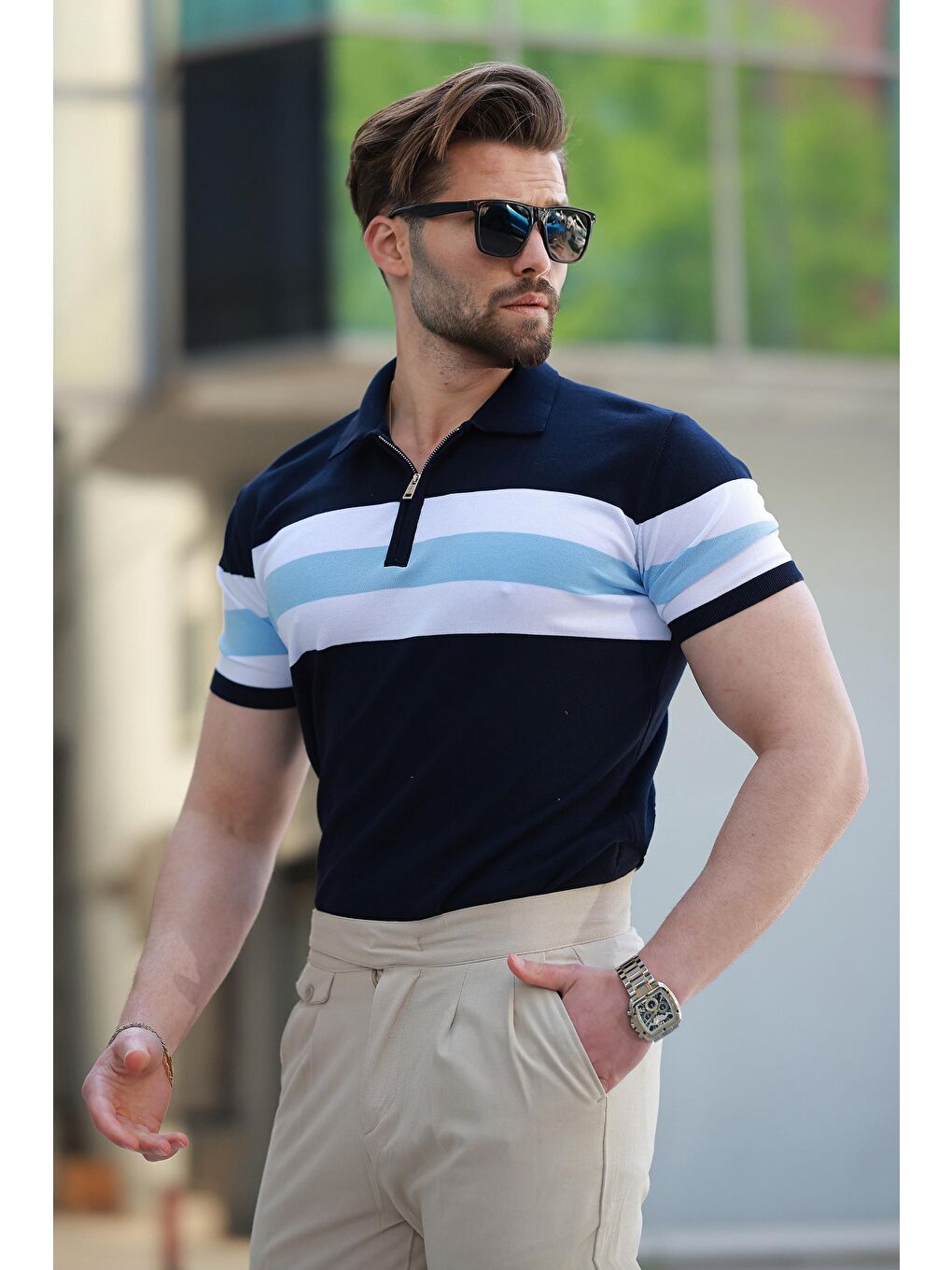Lacivert Fermuarlı Polo Yaka Çizgili Erkek Tişört E7406-1