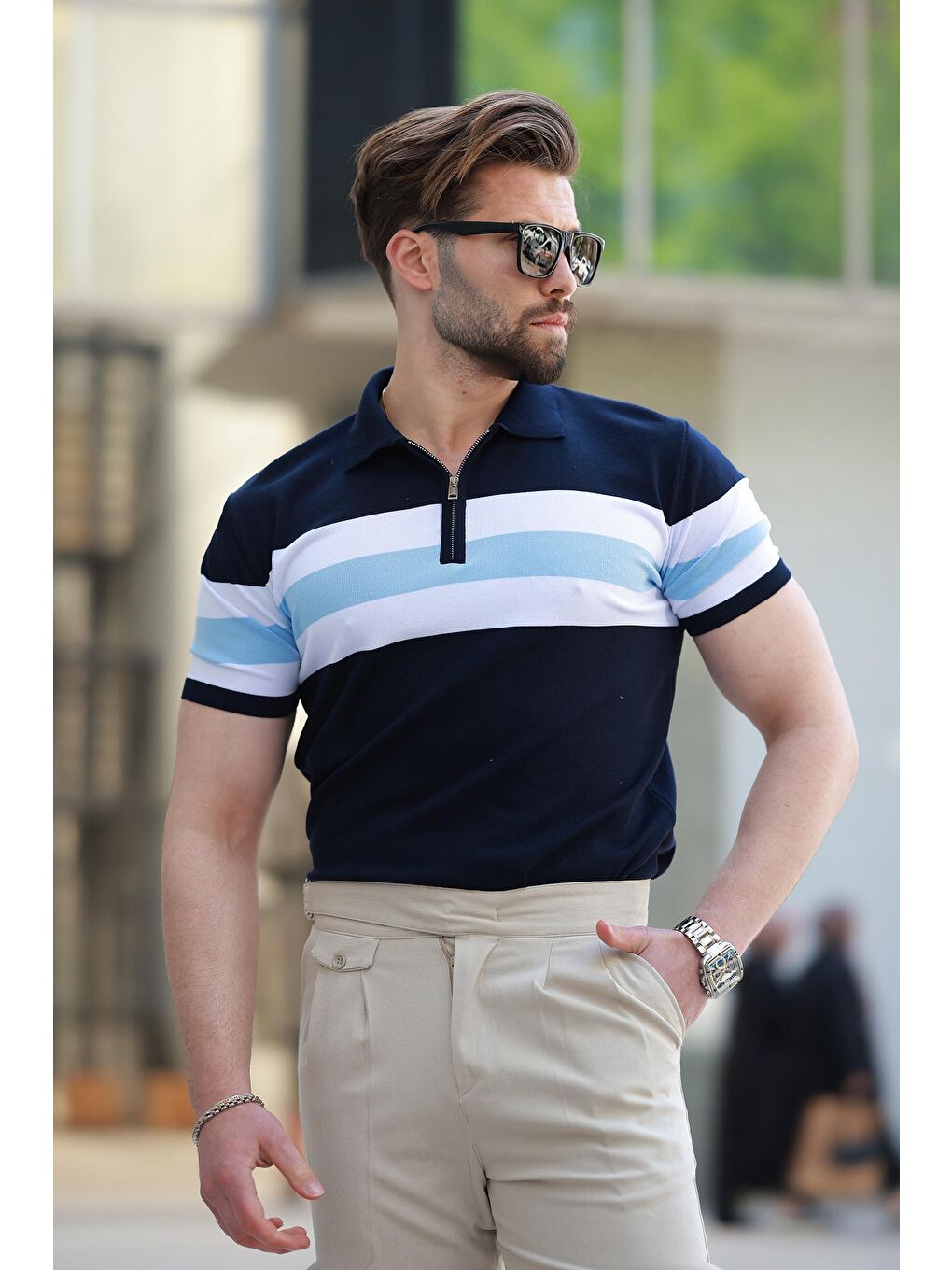 Lacivert Fermuarlı Polo Yaka Çizgili Erkek Tişört E7406-2