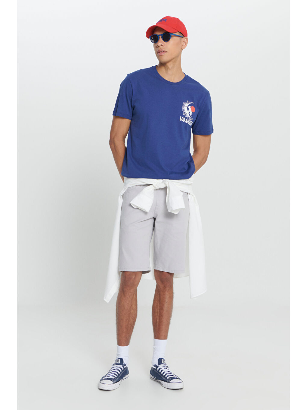 Erkek Lacivert Standart Fit Normal Kesim %100 Pamuk Baskılı Bisiklet Yaka Tişört-1