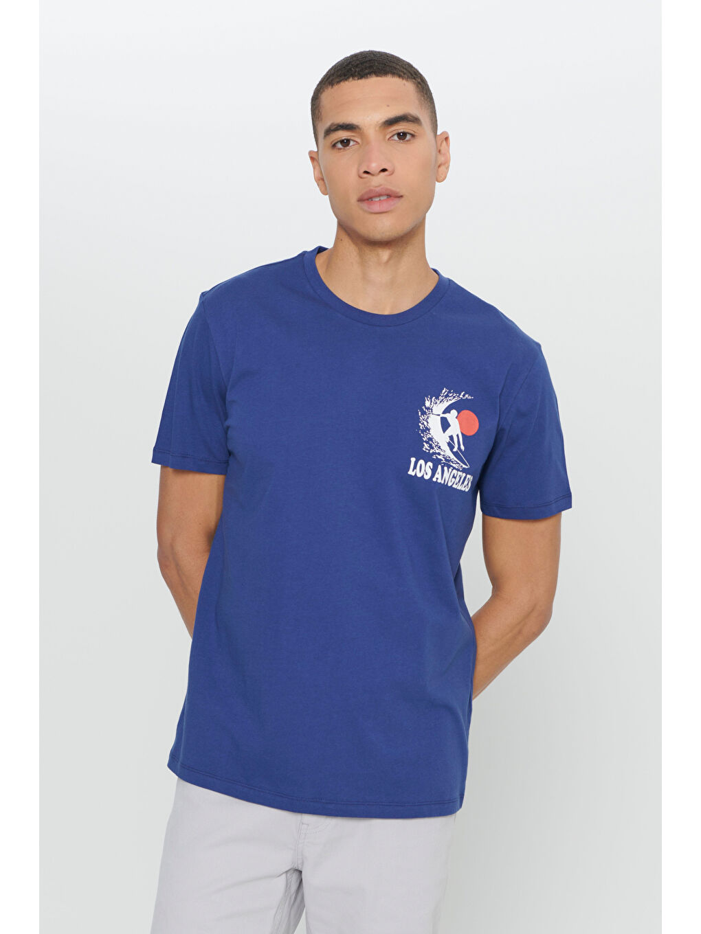 Erkek Lacivert Standart Fit Normal Kesim %100 Pamuk Baskılı Bisiklet Yaka Tişört-2