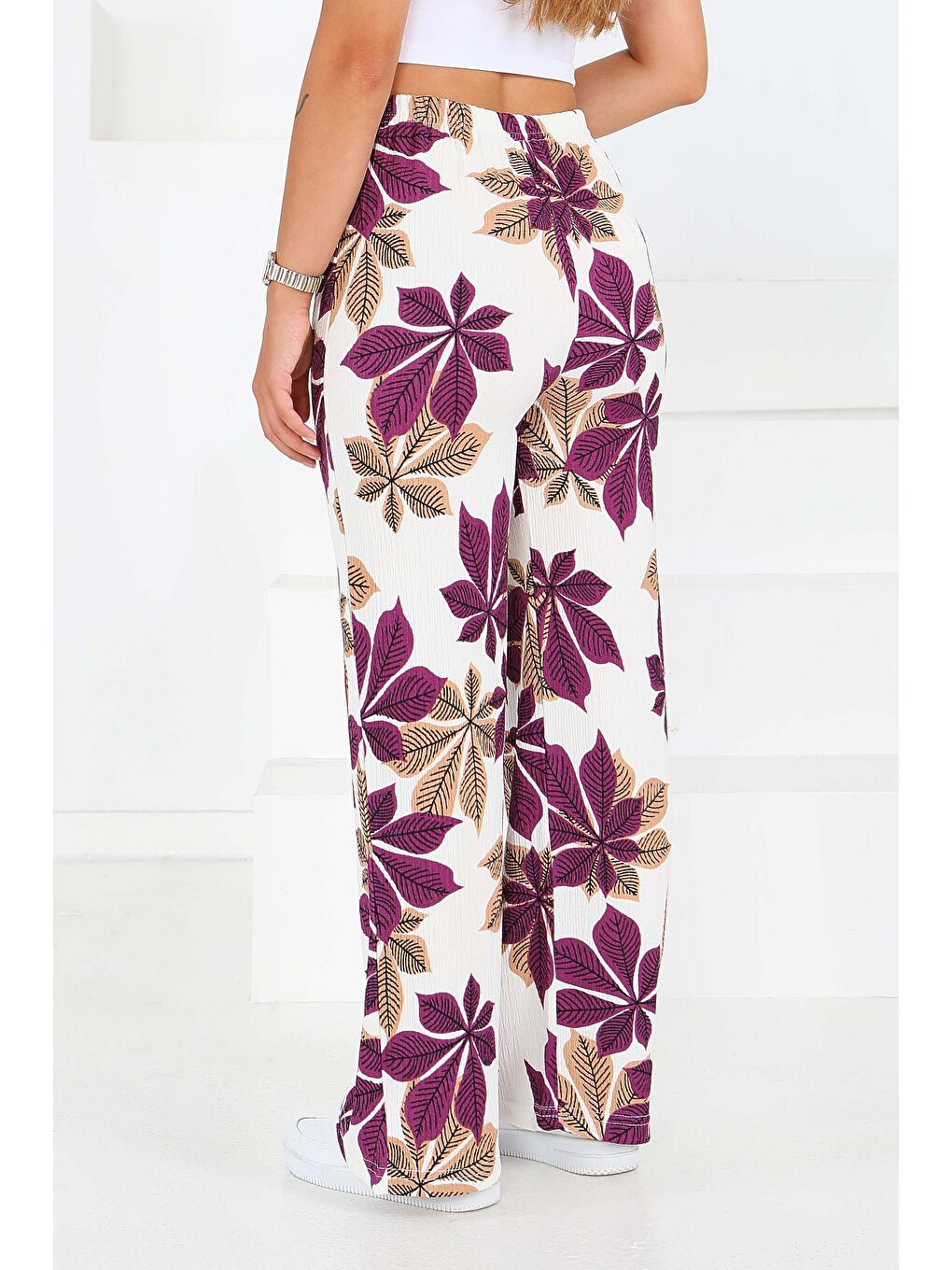 Desenli Beli Lastikli Bürümcük Pantolon Mor - 27680-1