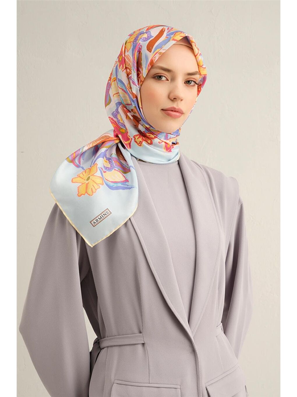 Karışık Desenli Saf İpek Twill Eşarp 9332 58-2