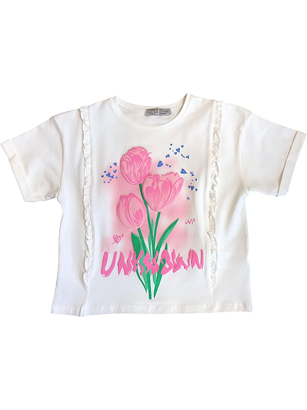 Ekru Kız Çocuk Çiçek Baskılı Fırfır Kenarlı Tshirt
