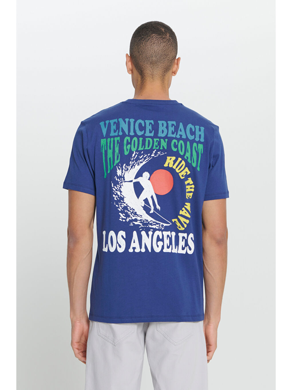 Erkek Lacivert Standart Fit Normal Kesim %100 Pamuk Baskılı Bisiklet Yaka Tişört-5