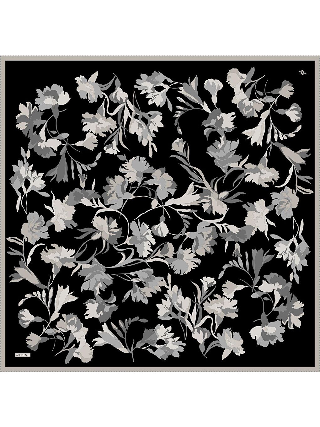 Siyah Çiçek Desenli Saf İpek Twill Eşarp 9342 84