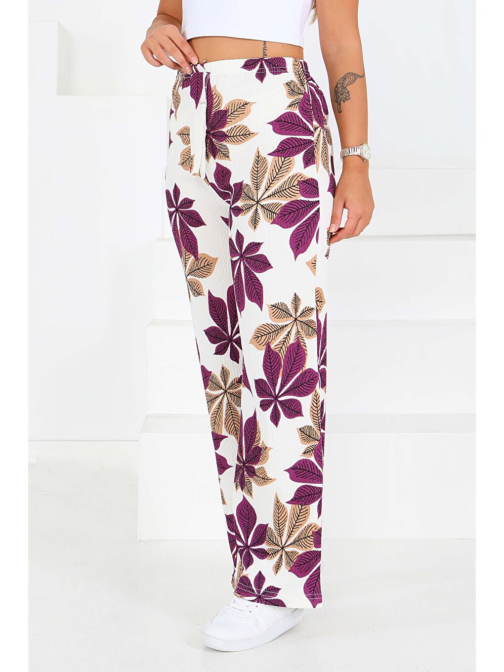 Desenli Beli Lastikli Bürümcük Pantolon Mor - 27680-2