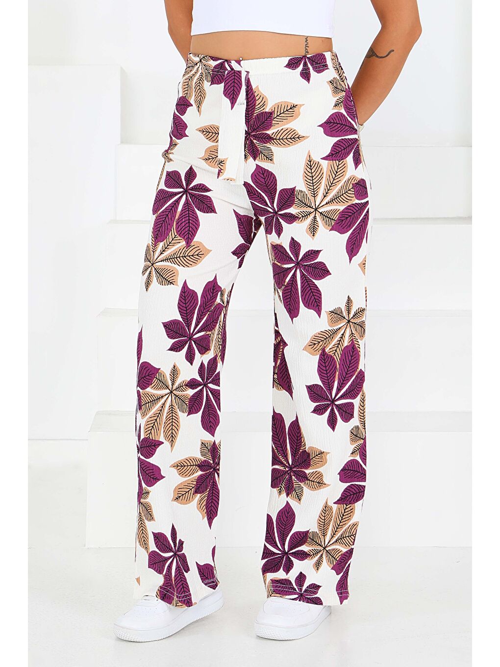 Desenli Beli Lastikli Bürümcük Pantolon Mor - 27680-3