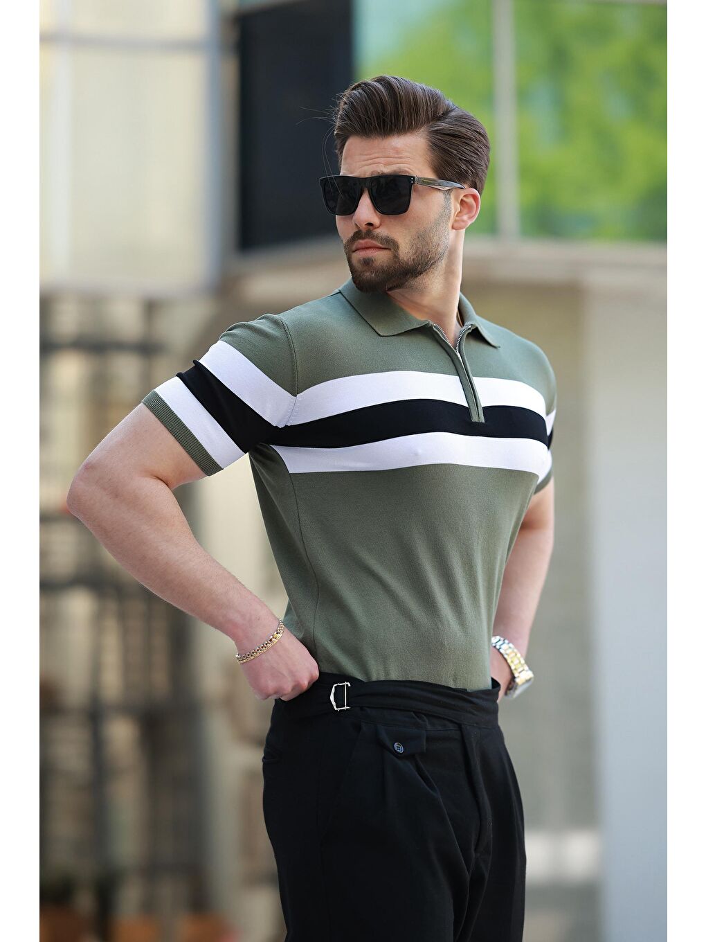 Haki Fermuarlı Polo Yaka Çizgili Erkek Tişört E7406