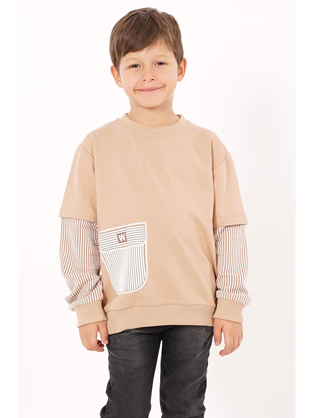 Bej Cebi Kolları Çizgili Vizon Renk Erkek Çocuk Sweat