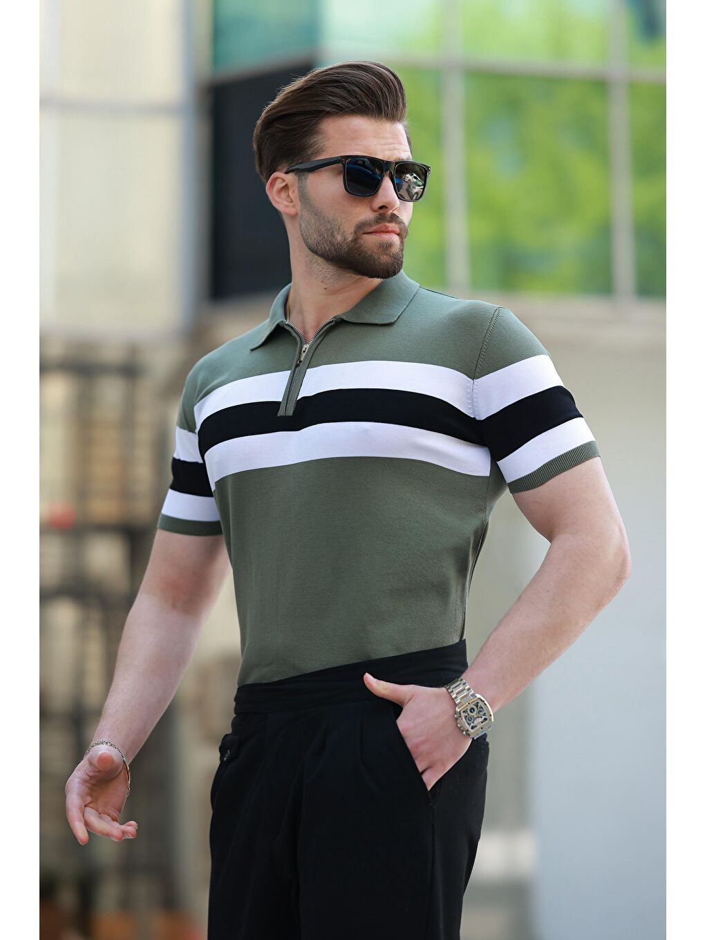 Haki Fermuarlı Polo Yaka Çizgili Erkek Tişört E7406-1