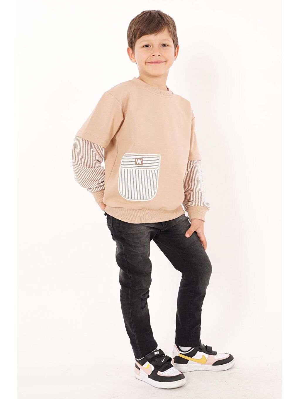 Bej Cebi Kolları Çizgili Vizon Renk Erkek Çocuk Sweat-1