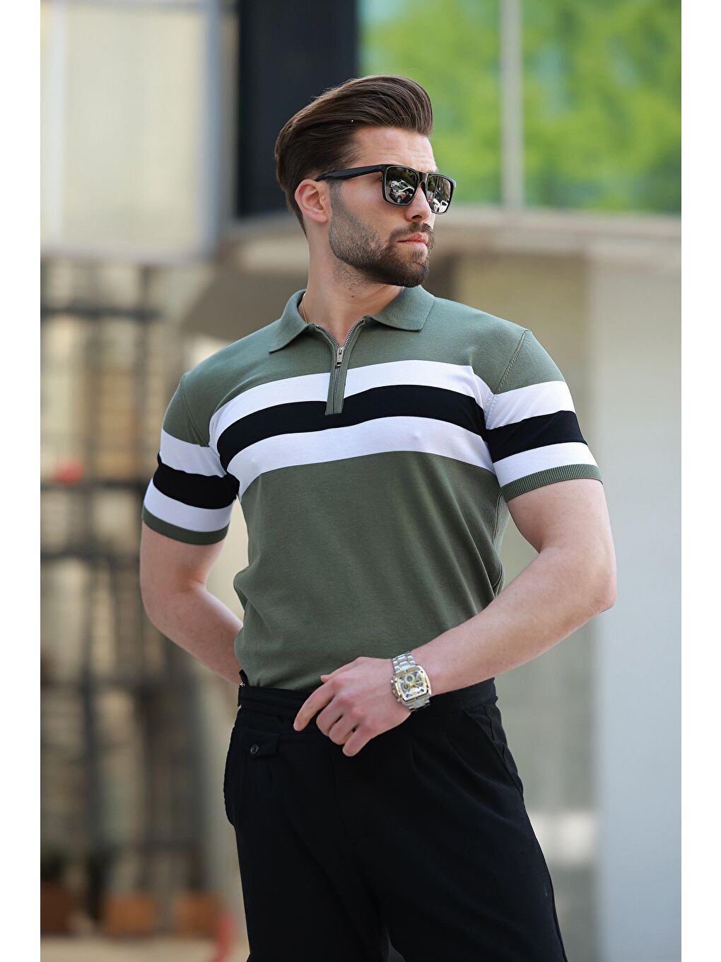 Haki Fermuarlı Polo Yaka Çizgili Erkek Tişört E7406-2