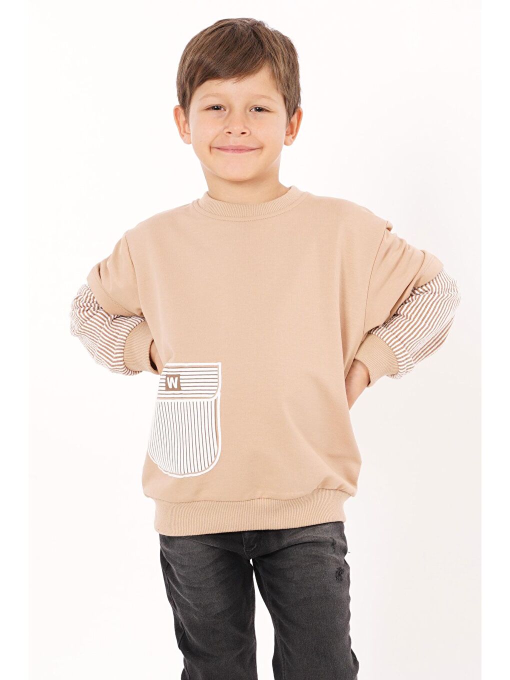 Bej Cebi Kolları Çizgili Vizon Renk Erkek Çocuk Sweat-2