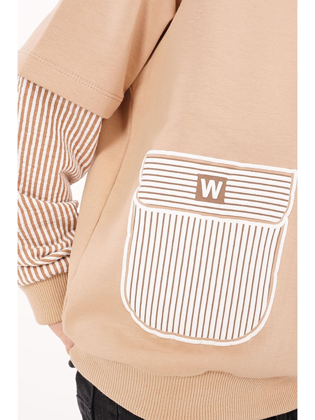 Bej Cebi Kolları Çizgili Vizon Renk Erkek Çocuk Sweat-3