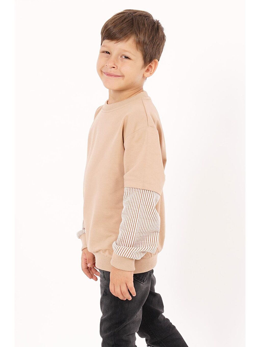 Bej Cebi Kolları Çizgili Vizon Renk Erkek Çocuk Sweat-4