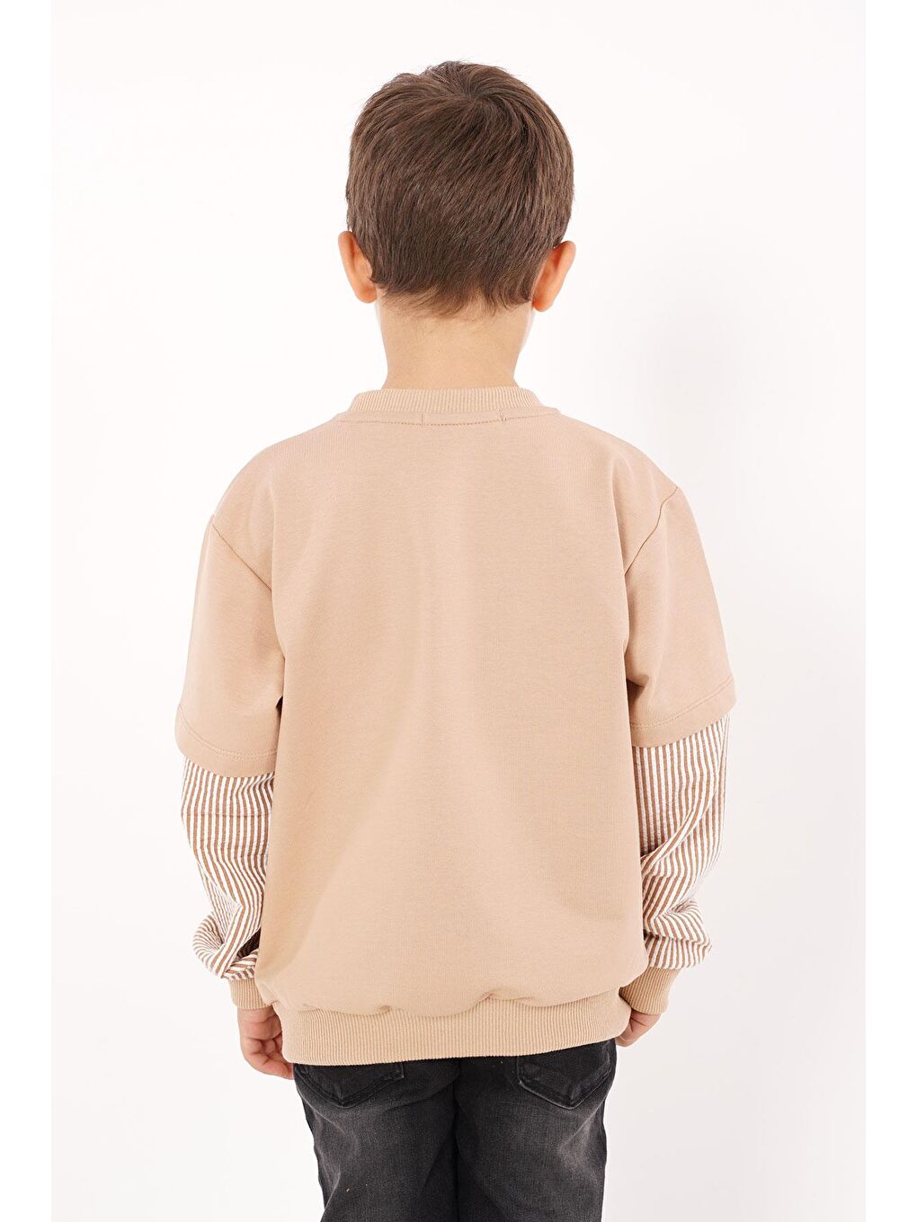 Bej Cebi Kolları Çizgili Vizon Renk Erkek Çocuk Sweat-5