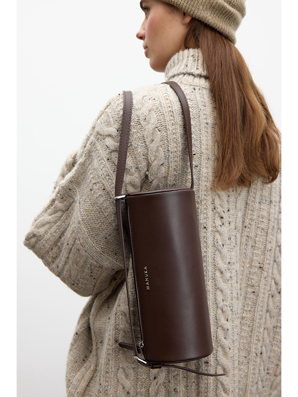 Kahverengi Deri Silindir Omuz Çantası Acı Kahve