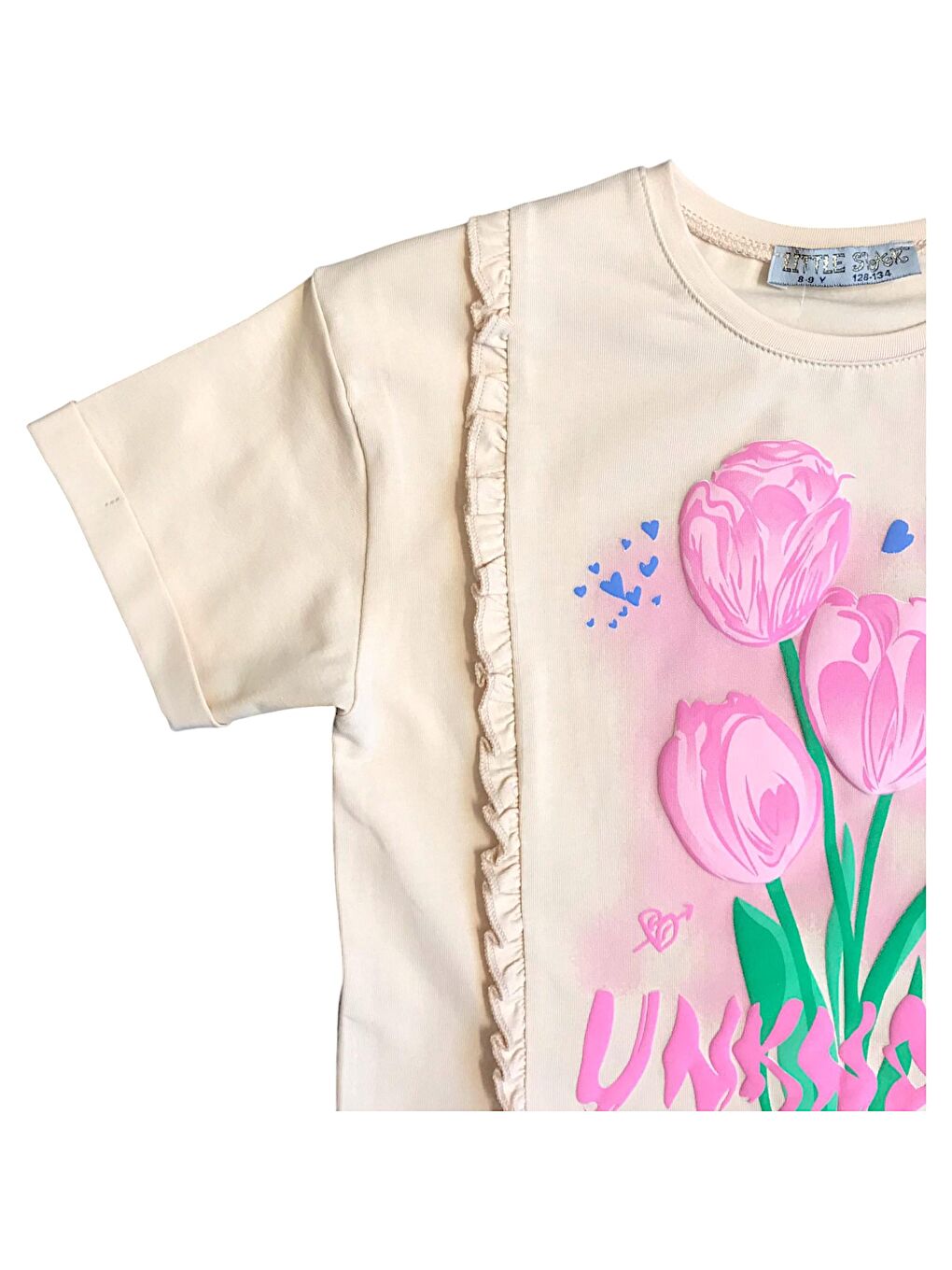 Bej Kız Çocuk Çiçek Baskılı Fırfır Kenarlı Tshirt-1