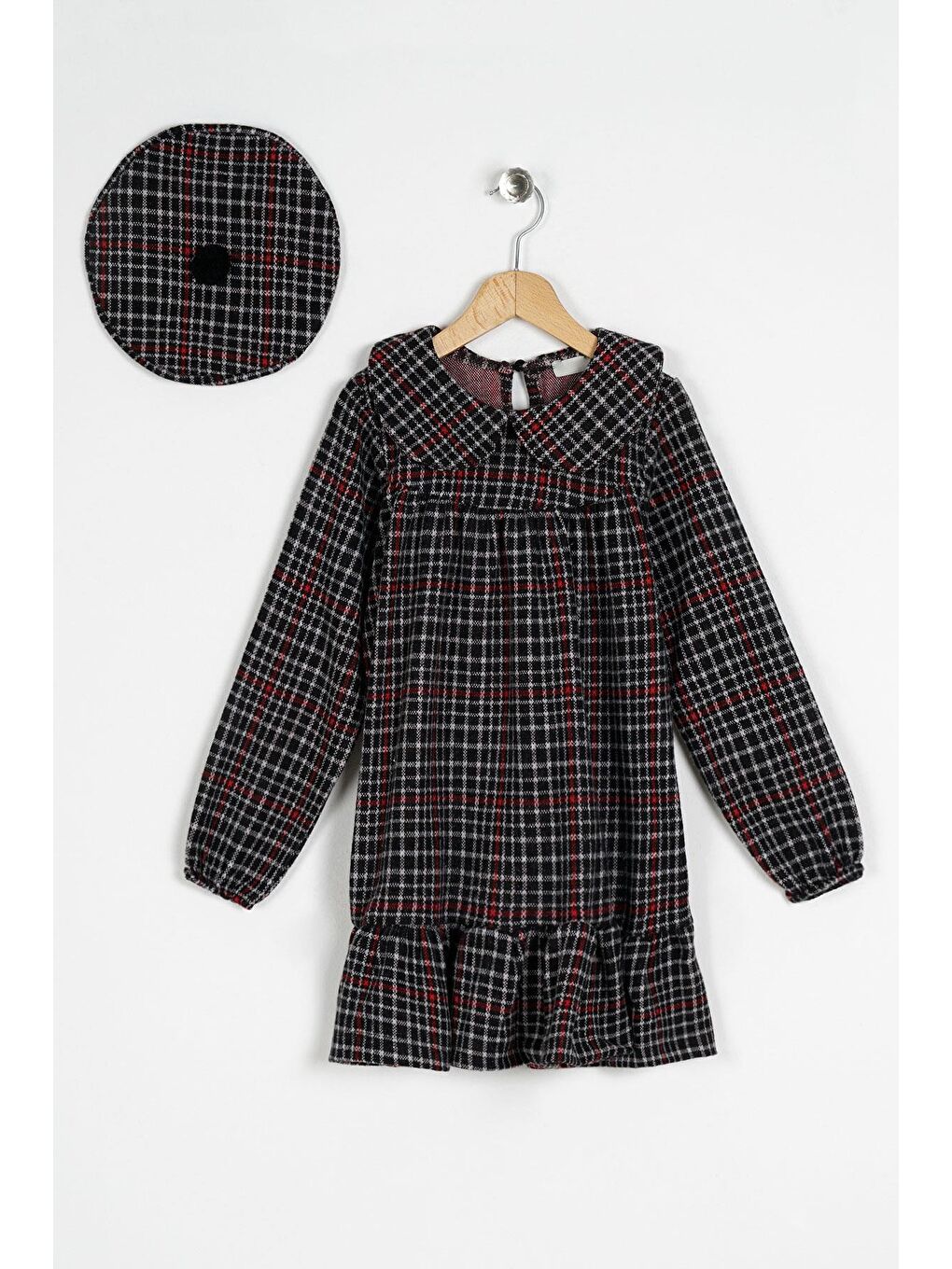 Siyah Uzun Kol Eteği Fırfırlı Katlı Düğmeli Kız Çocuk Elbise