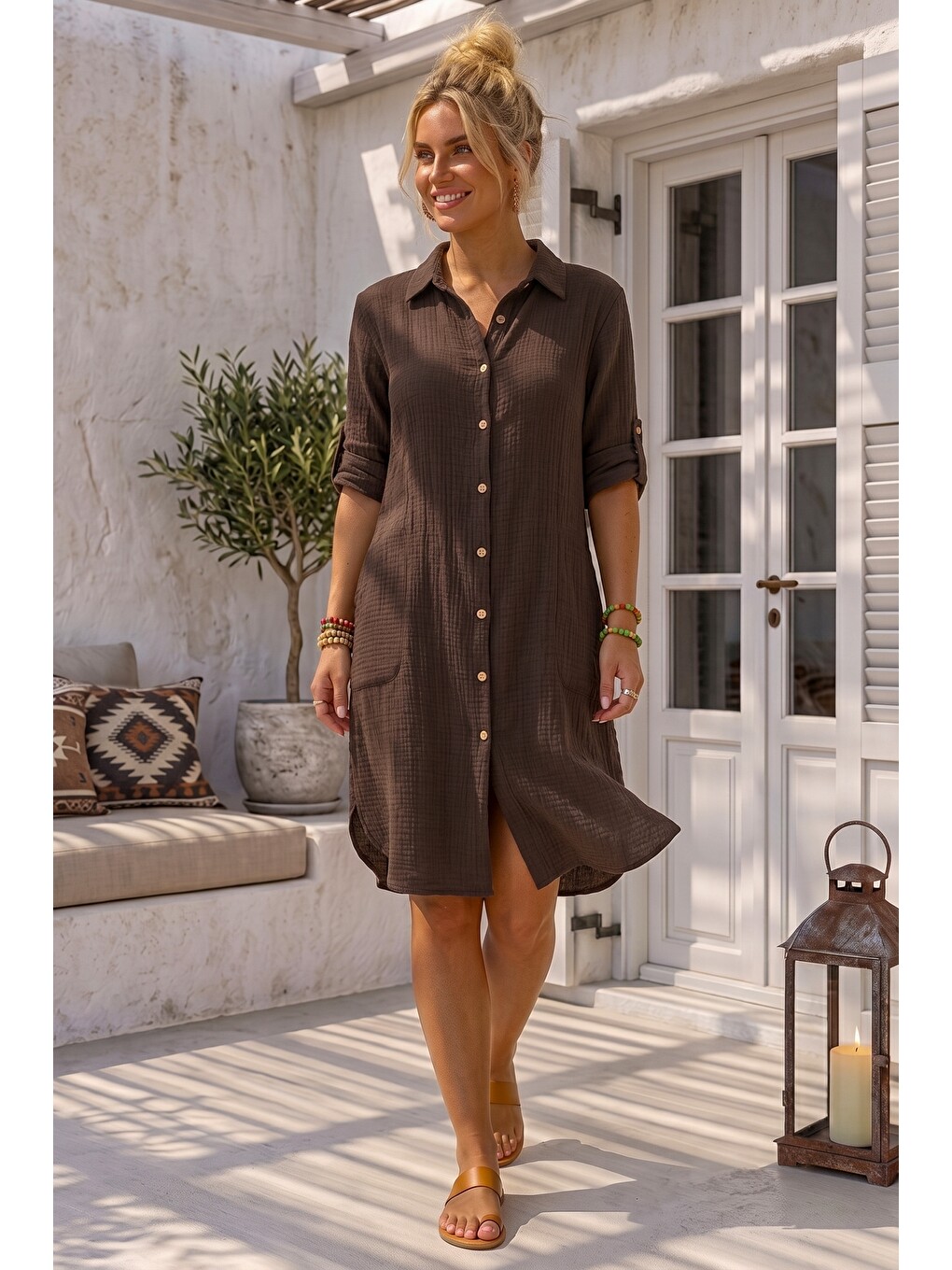 Kahverengi Gömlek Yaka 3/4 Kol Düğmeli Cepli Casual Müslin Oversize Dokuma Elbise 97 65