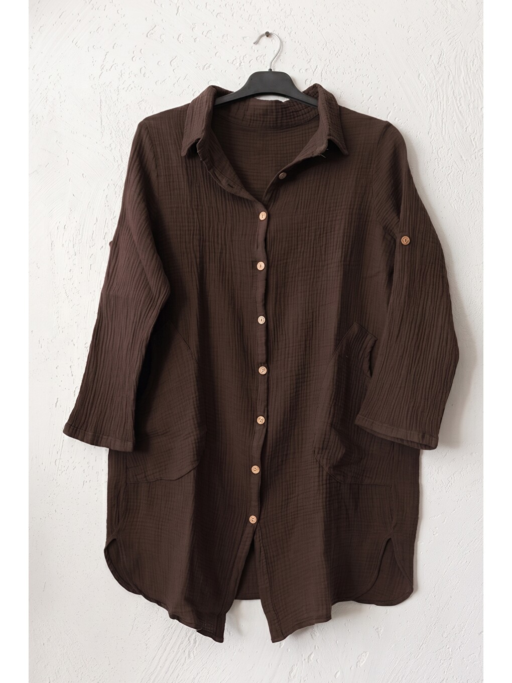 Kahverengi Gömlek Yaka 3/4 Kol Düğmeli Cepli Casual Müslin Oversize Dokuma Elbise 97 65-1