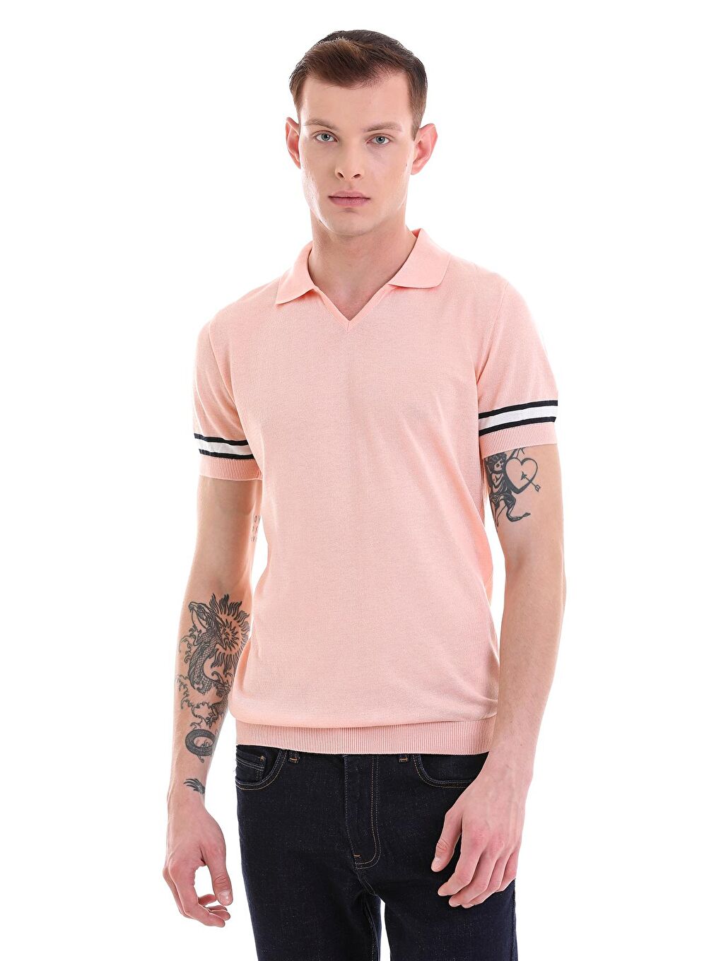 Hatemoğlu Pembe Slim Fit Çizgili Polo Yaka Triko Tişört