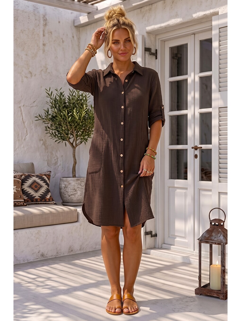 Kahverengi Gömlek Yaka 3/4 Kol Düğmeli Cepli Casual Müslin Oversize Dokuma Elbise 97 65-3