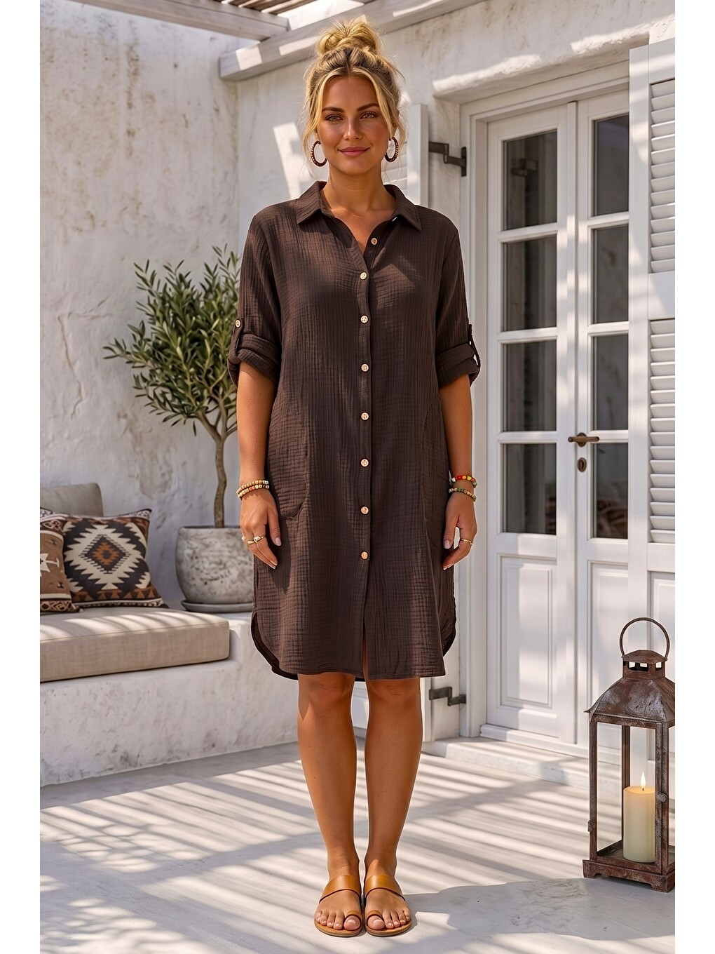Kahverengi Gömlek Yaka 3/4 Kol Düğmeli Cepli Casual Müslin Oversize Dokuma Elbise 97 65-4