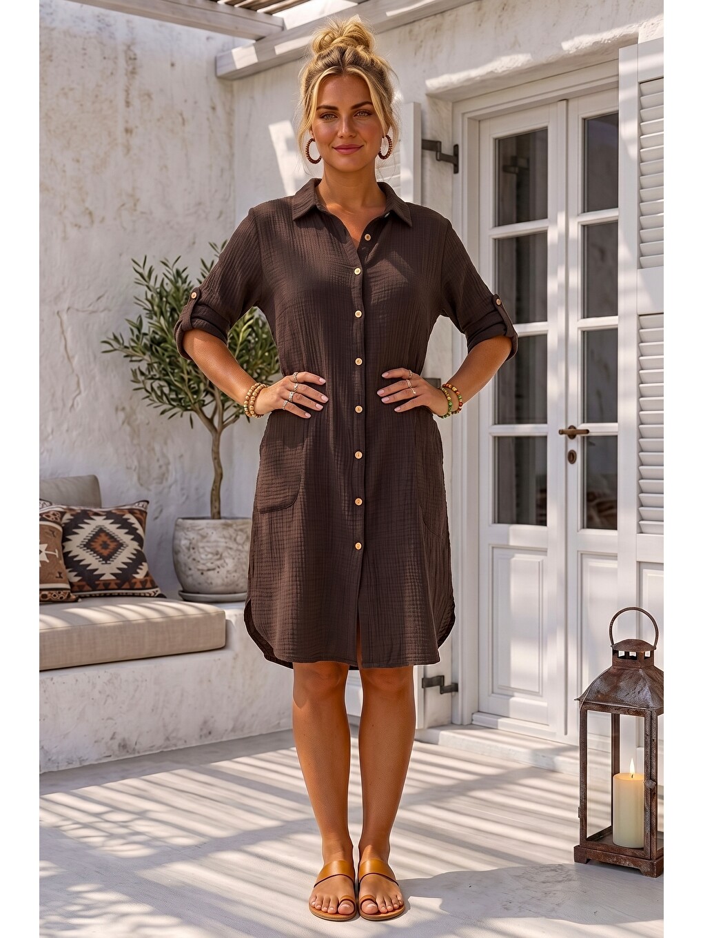 Kahverengi Gömlek Yaka 3/4 Kol Düğmeli Cepli Casual Müslin Oversize Dokuma Elbise 97 65-5