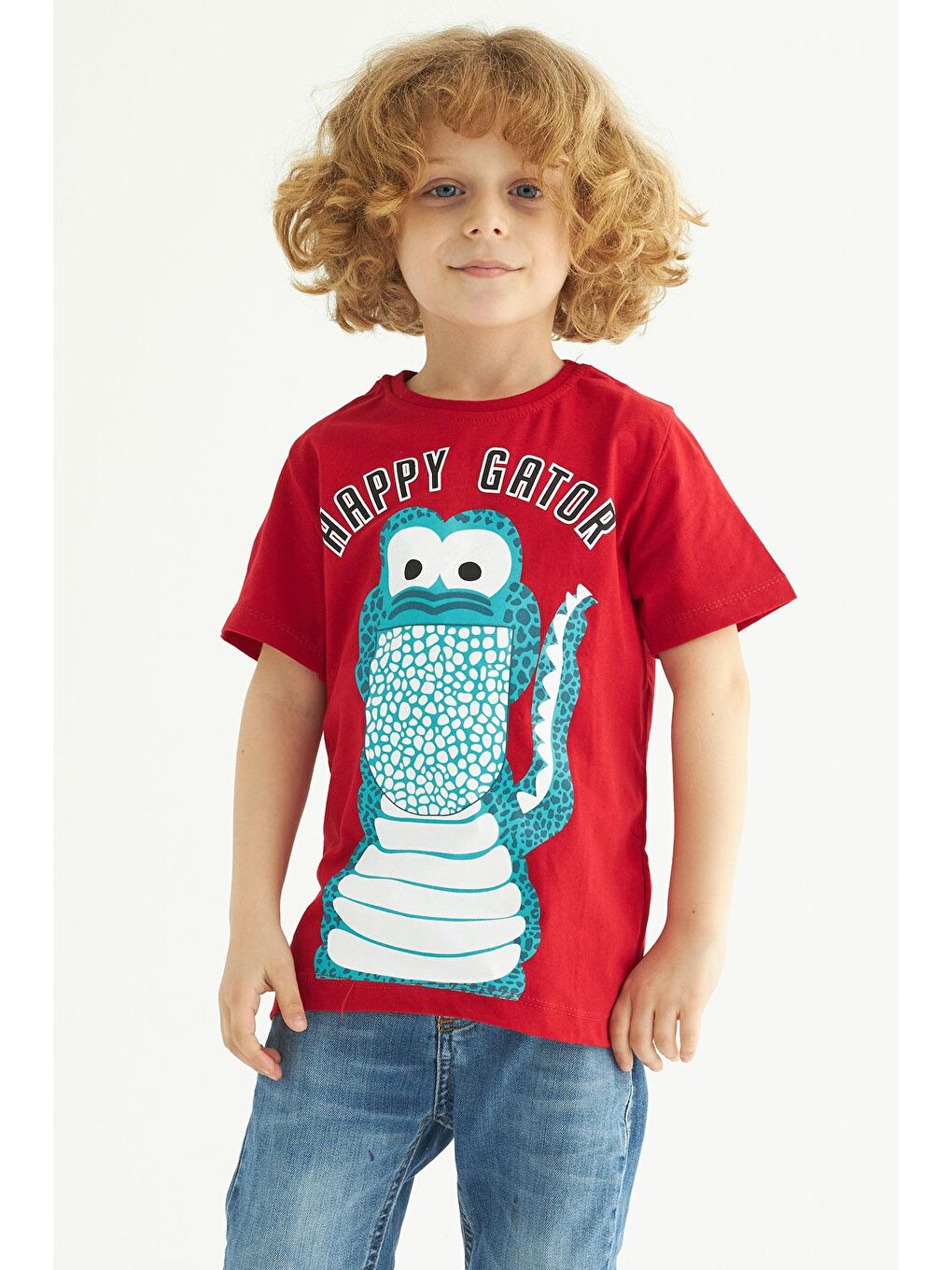 Bisiklet Yaka Kısa Kol Happy Gator Baskılı Kırmızı Renk Erkek Çocuk Tshirt
