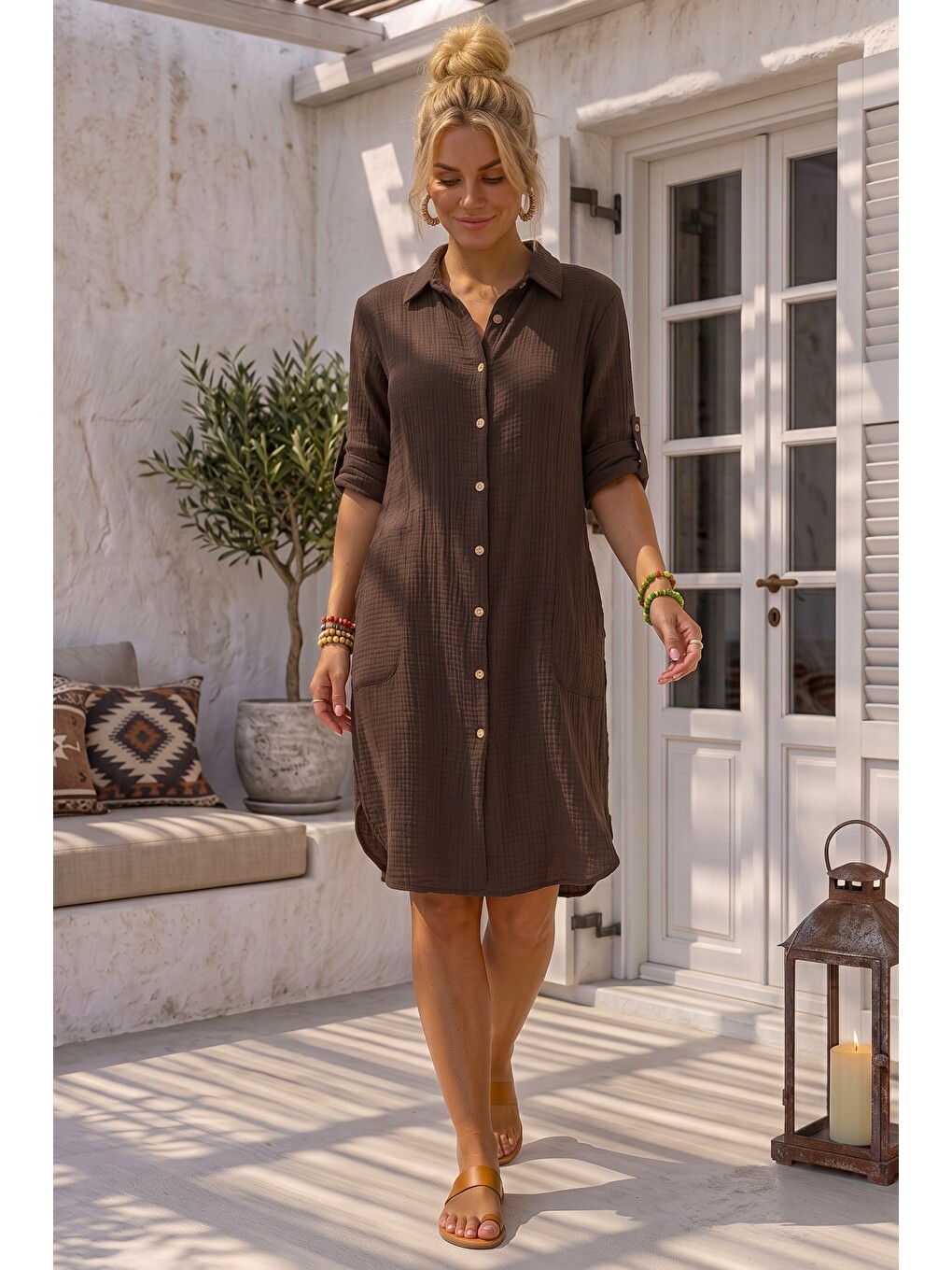 Kahverengi Gömlek Yaka 3/4 Kol Düğmeli Cepli Casual Müslin Oversize Dokuma Elbise 97 65-6