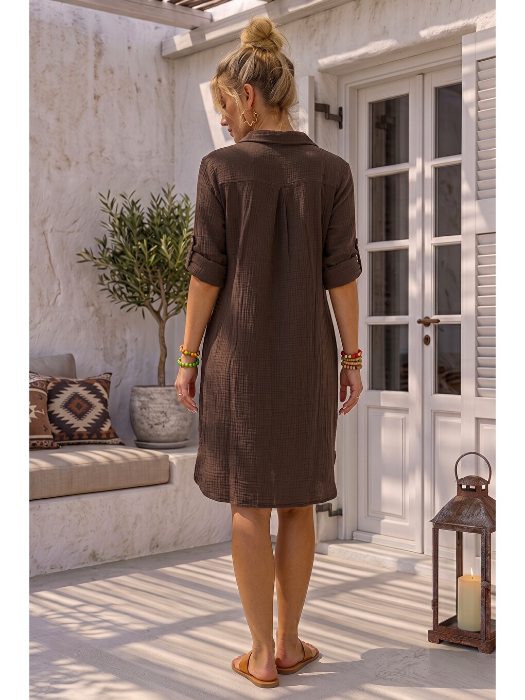 Kahverengi Gömlek Yaka 3/4 Kol Düğmeli Cepli Casual Müslin Oversize Dokuma Elbise 97 65-7