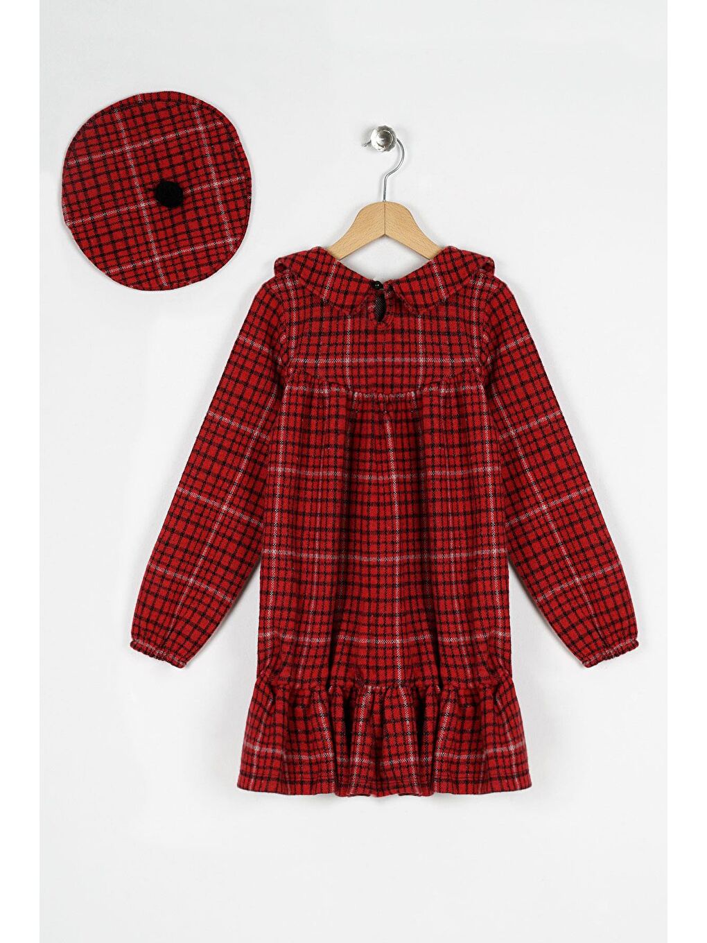 Kırmızı Uzun Kol Eteği Fırfırlı Katlı Düğmeli Kız Çocuk Elbise-1