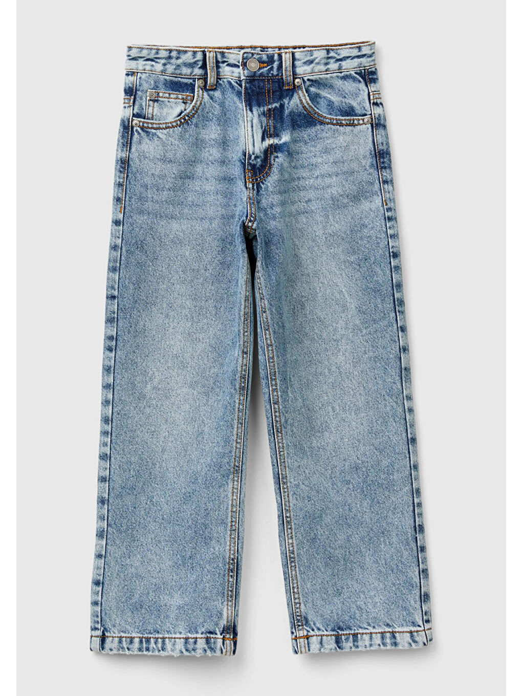 Mavi Erkek Çocuk Denim Arka Cebi Logolu Baggy Kesim Ağartılmış Denim Pantolon