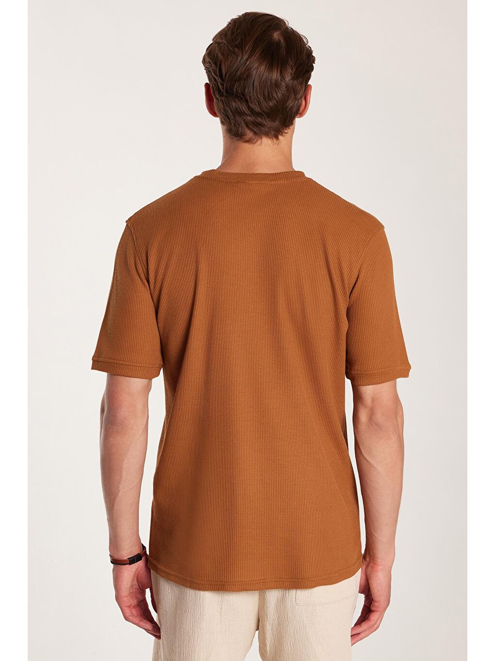 Kahverengi Erkek Standart Fit Pamuklu Düz Basic Bisiklet Yaka Baskılı Tarçın Tişört-4